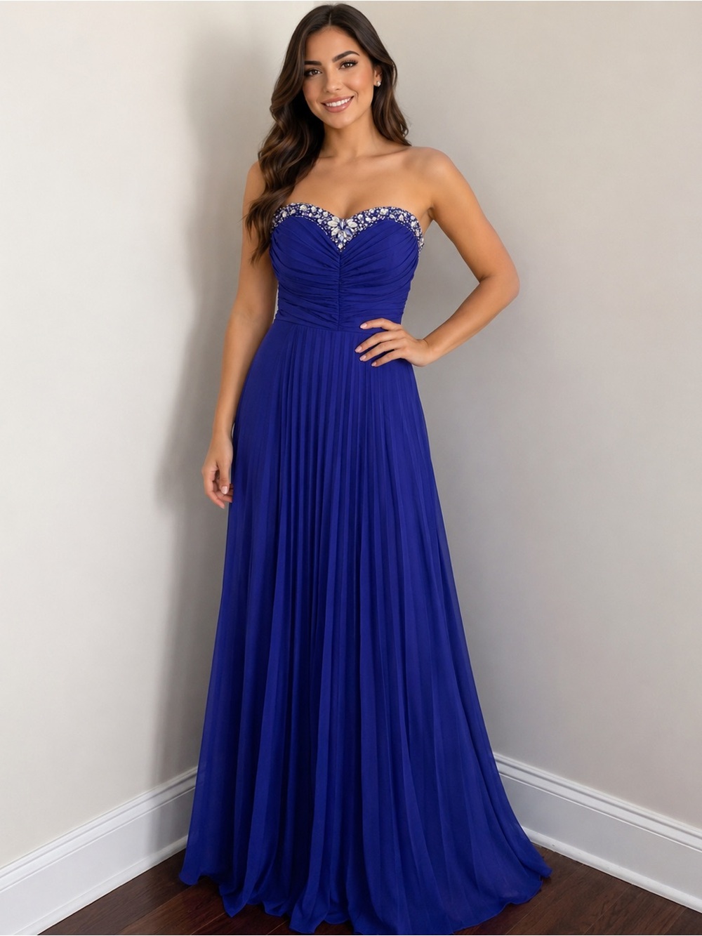 B. Darlin Strapless Royal A-Line Evening Gown
